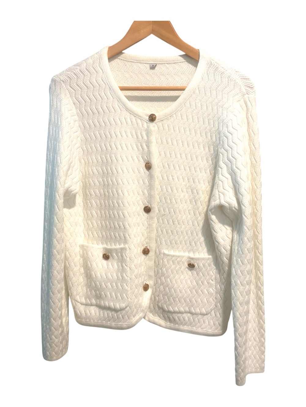 Ivory Cream Chevron Knit Textured Cardigan Crest Golden Buttons Preppy M Coastal